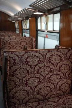 Vintage Train Carriage Interior With Patterned Seats, Ruddington, Stock Photos