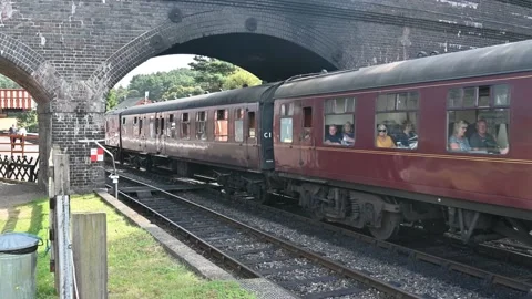 Vintage train carriages being pulled by Steam train out of Weyborne Station 動画素材 160811979