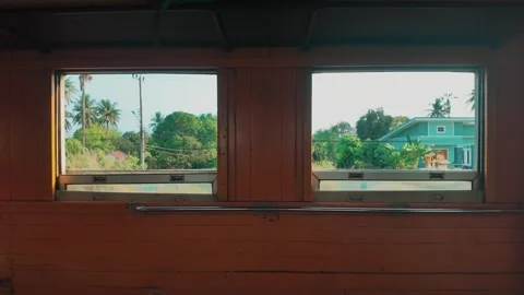 Vintage train interior with window view of Thailand nature, Passenger Stock Footage 346217612