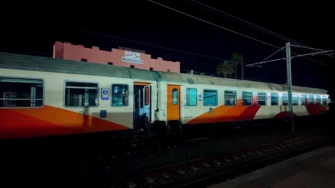 Vintage Train at Marrakech Station With Open Doors at Night Stock Footage 301672702