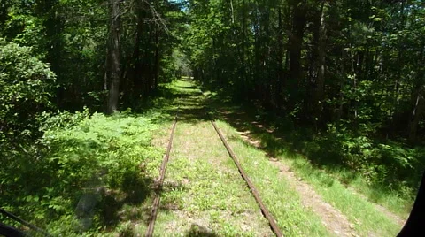 Vintage Train Ride through Trees - Looking out the front window Stock Footage 42907253