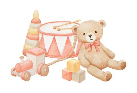Vintage train, teddy bear, drum and trumpet, hand drawn watercolor illustra.. Stock Illustration
