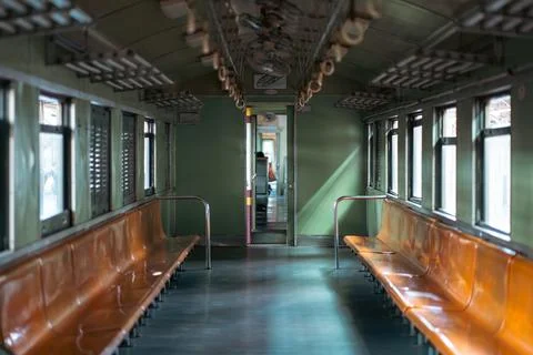 Vintage train wagon interior with perspective view, retro carriage in class.. Stock Photos