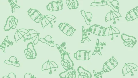 Vintage Travel Pattern - Eiffel Tower, Suitcase, Hat, Umbrella. Stock Footage 321854078