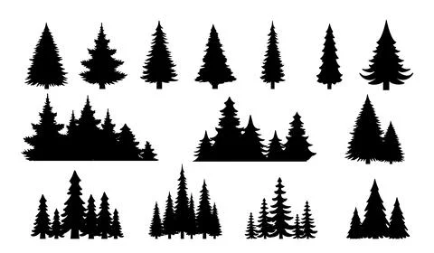 Vintage trees forest silhouettes set. Black pine trees. Natural landscape Stock Illustration