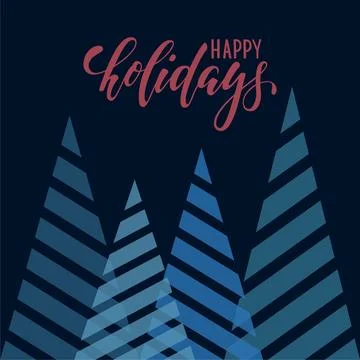 Vintage triangular stylized Christmas trees. Hand drawn calligraphy happy h.. 스톡 일러스트