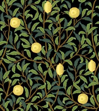 Vintage tropical fruit seamless pattern on dark background. Lemons in foliage Stock Illustration