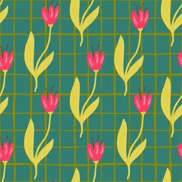 Vintage tulip seamless pattern on lines background. Nature wallpaper. Stock Illustration