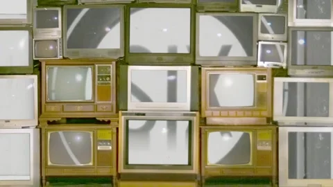 Vintage TV bank multi-screen retro television Wall with alpha and reflections 4K Stock Footage 185584341