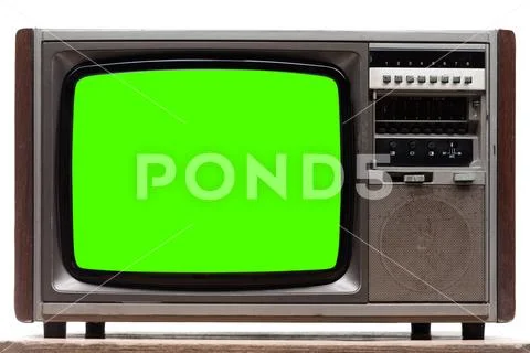 Vintage TV : old retro TV with green screen isolated on white Stock-Fotos