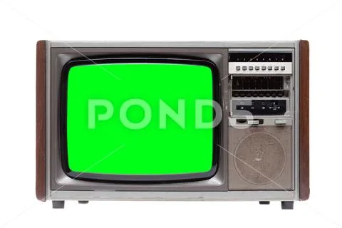 Vintage TV : old retro TV with green screen isolated on white . Stock-Fotos