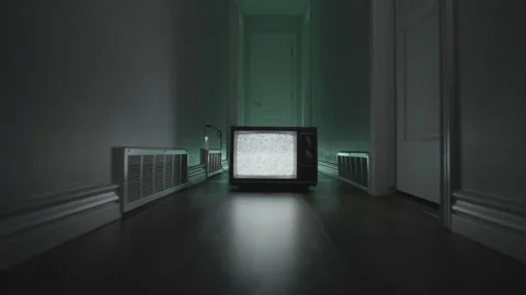 Vintage TV with Static dolly down hallway Stock-Footage 267437670