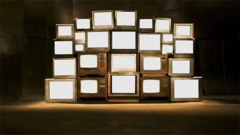 Vintage TV Wall multi-screen retro television bank with alpha and reflections 4K Stock Footage 188540078