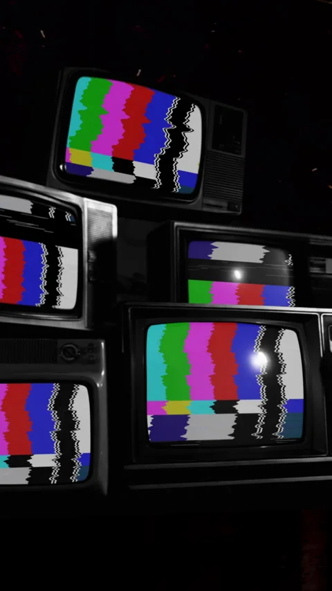 Vintage TV Wall With Test Pattern and Static Noise, Black and White Stock Footage 328130344