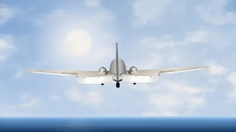 Vintage Twin Engine Propeller Plane Flying Over Ocean Under Sunny Sky Vidéo 344831628