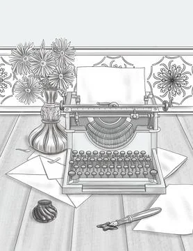 Vintage Typing Machine Placed On Table Top With Vase Paper Envelop Ink Bott.. Illustrazione stock