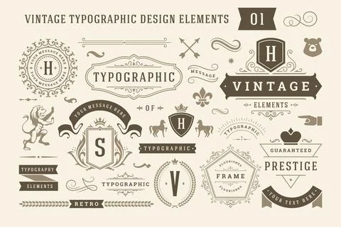 Vintage typographic design elements set vector illustration. Illustrazione stock
