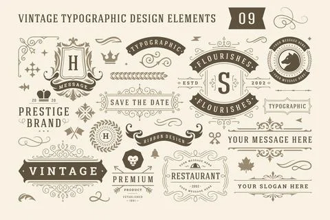 Vintage typographic design elements set vector illustration. Illustrazione stock