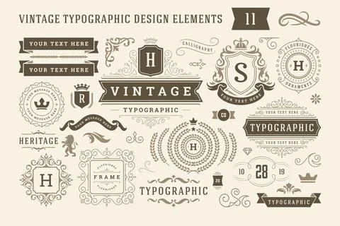 Vintage typographic design elements set vector illustration. 스톡 일러스트