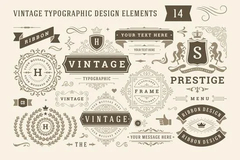 Vintage typographic design elements set vector illustration. Illustrazione stock