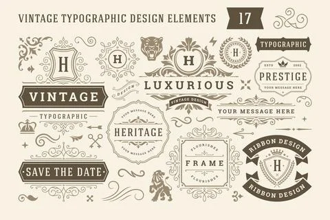 Vintage typographic design elements set vector illustration. Stockillustratie