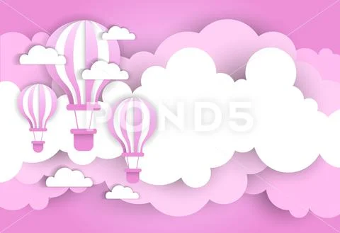 Vintage Valentine Day Background With Pink Air Balloons Over Cartoon Clouds Stock Illustration