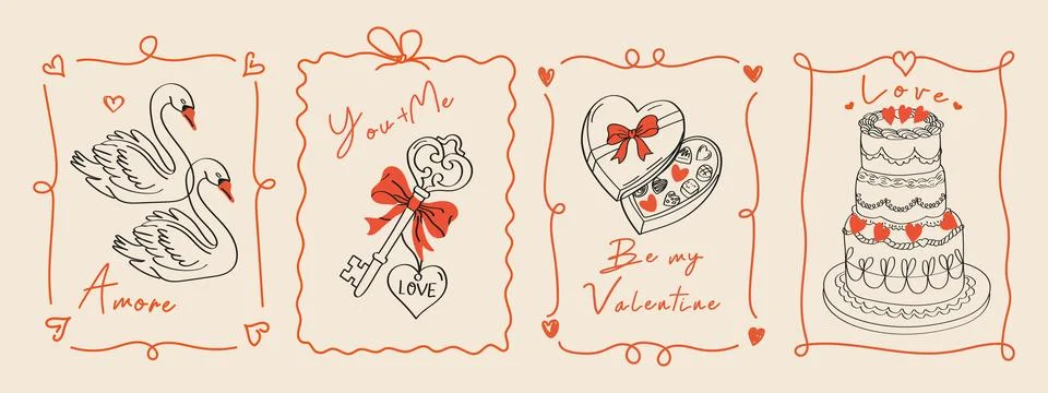 Vintage Valentines Day card set with heart, swans, cake, candies and romant.. Stock Illustration