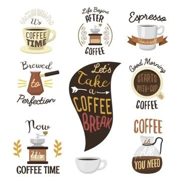 Vintage vector coffeeshop logo text labels and coffee drink love quote ribbon Stock Illustration