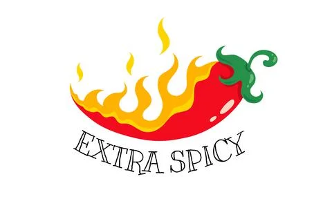 Vintage vector emblem of chilli pepper in flame. Retro illustration of red ch Stock Illustration
