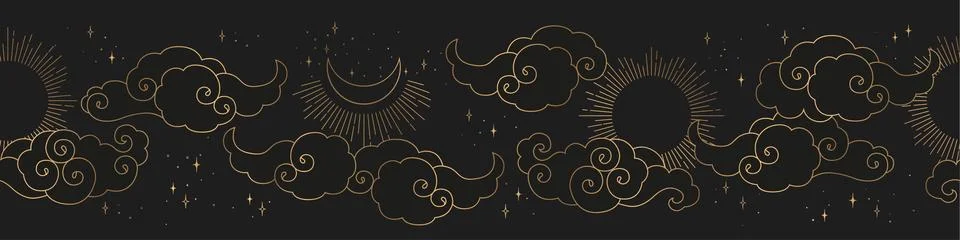 Vintage vector horizontal seamless pattern with gold abstract sun, moon, star Stock Illustration