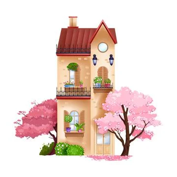 Vintage vector house, spring building facade exterior illustration, windows Ilustración de archivo