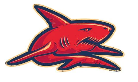 Vintage vector illustration of angry red shark. Retro vector logo of shark .. Иллюстрация