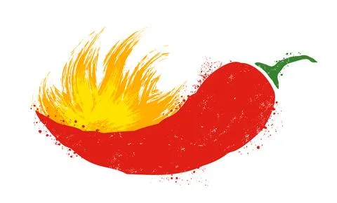 Vintage vector illustration of chilli pepper with fire. Vector icon of red .. Stock Illustration