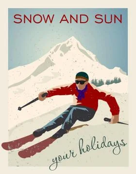 Vintage vector illustration. Skier getting ready to descend the mountain. Winter Stock Illustration