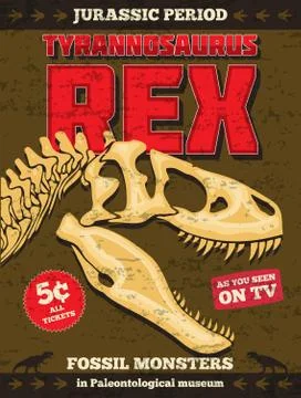 Vintage vector jurassic park poster with fossil dinosaur t-rex skull Ilustración de archivo