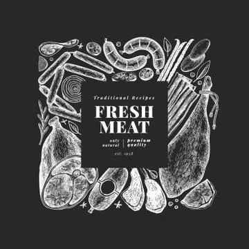 Vintage vector meat products design template. Hand drawn ham, sausages, jamon Stock Illustration