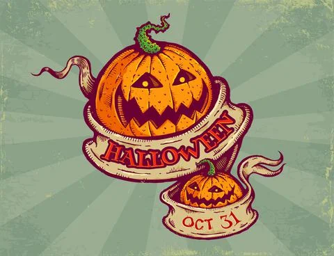 Vintage vector postcard with pumpkins and old ribbon for Halloween. Stock Illustration