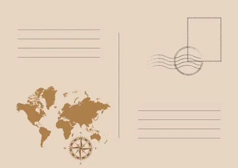Vintage Vector Postcard with World Map and retro Compass. Postal card for tra Illustrazione stock