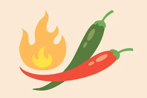 Vintage vector red chilli pepper with fire in doodle style. Spicy red chill.. Stock Illustration