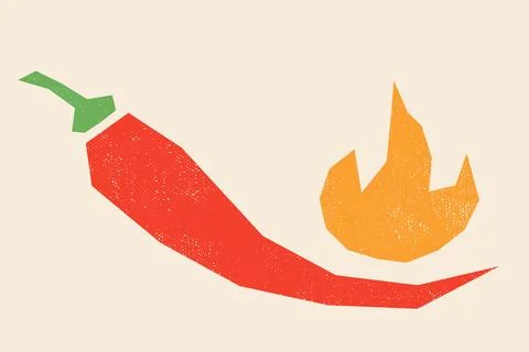 Vintage vector red chilli pepper with fire in doodle style. Spicy red chill.. Illustration