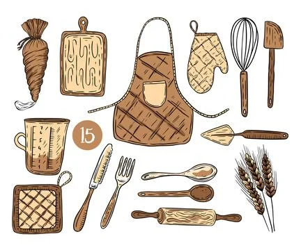 Vintage vector retro set illustration kitchen utensils apron gloves spoons forks Stock Illustration