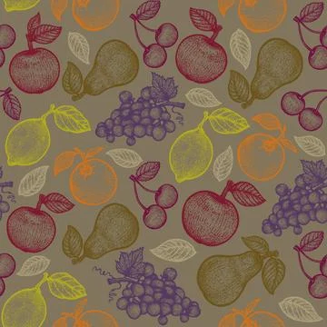 Vintage vector seamless fruit pattern in engraving style. Retro pattern wit.. Stock Illustration
