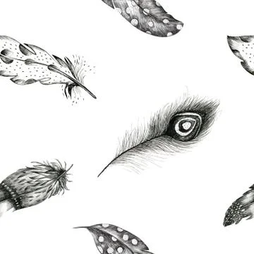 Vintage vector  seamless  graphic pattern with hand-drawn feathe Stock Illustration