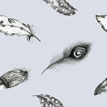 Vintage vector  seamless  graphic pattern with hand-drawn feathe Stock Illustration