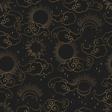 Vintage vector seamless pattern with gold abstract sun, moon, stars and cloud 스톡 일러스트