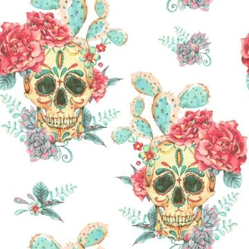 Vintage vector seamless pattern with skull and roses Stock Illustration