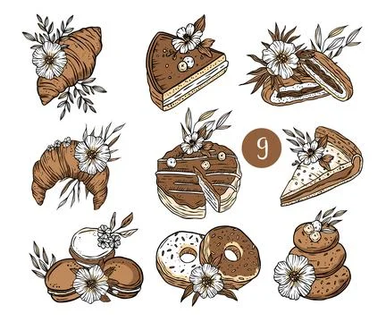 Vintage vector set of baked goods croissant cake piece of pie donuts pasta Stock Illustration