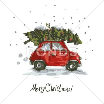 Vintage vector winter greeting card with red retro car Stock Illustrationen
