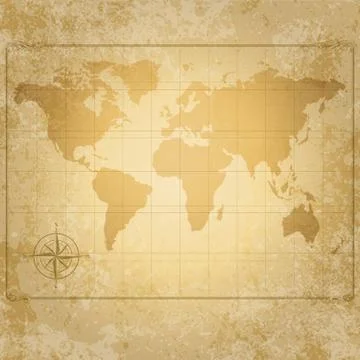 Vintage vector world map with compass Stock Illustration