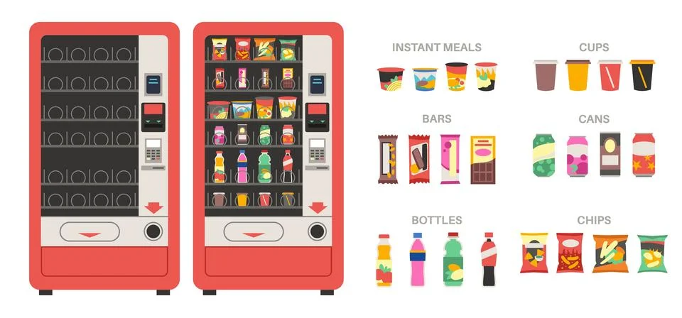 Vintage vending snack machine. Empty and full automatic seller of soda, sweets Illustrazione stock
